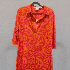 Gretchen Scott jersey collared deep orange dress L in animal print. Pre-owned.